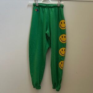 Aviator Nation Women’s Green Sweatpants with Yellow Smiley Faces Size XS